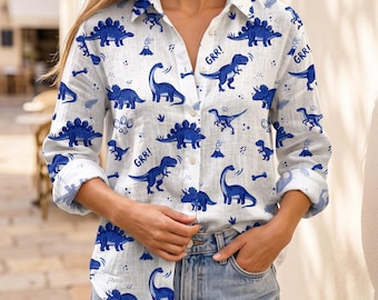 Cute Dinosaur Blouse Shirt, Blue Watercolor Jurassic Women Top, Aesthetic Funny T-Rex Summer Button Down, Long Sleeve Gift for Her