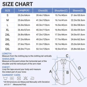 May include: A size chart for shirts, displaying measurements in inches and centimeters. The chart includes sizes S to 5XL, with length, chest, shoulder, and sleeve dimensions. Instructions for measuring are also provided.