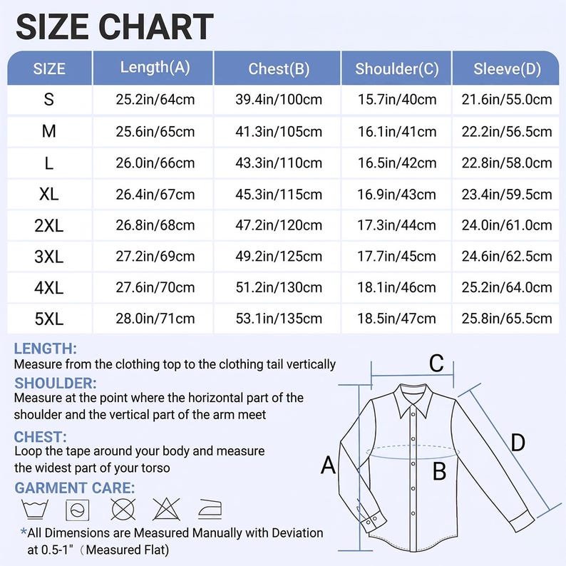 May include: A size chart for shirts, displaying measurements in inches and centimeters. The chart includes sizes S to 5XL, with length, chest, shoulder, and sleeve dimensions. Instructions for measuring are also provided.