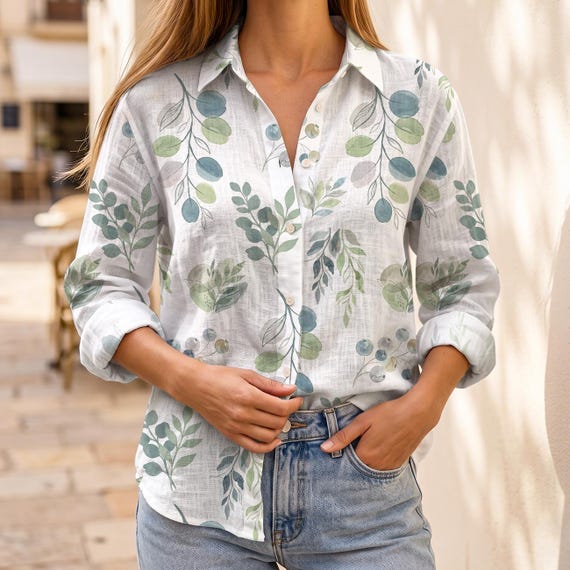 eucalyptus green dress shirt Women, Watercolor Greenery Linen Blouse, Cottagecore Leaves Button Down, Aesthetic Sage Nature Lover Gift for Her light green dress shirt
