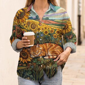 Vintage Sunflower Cat Shirt, Whimsical Orange Tabby Button Down Blouse, Cottagecore Landscape Top, Cute Graphic Kitten Gift for Her
