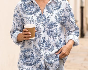 Camisa vintage Toile de Jouy para mujer, blusa abotonada con estampado floral azul campestre francés, blusa con estética cottagecore, elegante top botánico de regalo.