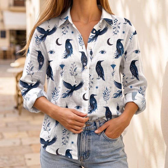 Gothic Raven Shirt Women, Celestial Moon Linen Blouse, Witchy Crow Casual Button Down, Whimsigoth Evil Eye Fortune Teller Gift for Her
