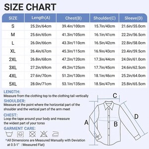 May include: A size chart for clothing featuring a table with rows from S to 5XL and columns for Length, Chest, Shoulder, and Sleeve measurements in inches and centimeters. Includes a diagram of a button-down shirt with labels A, B, C, and D.