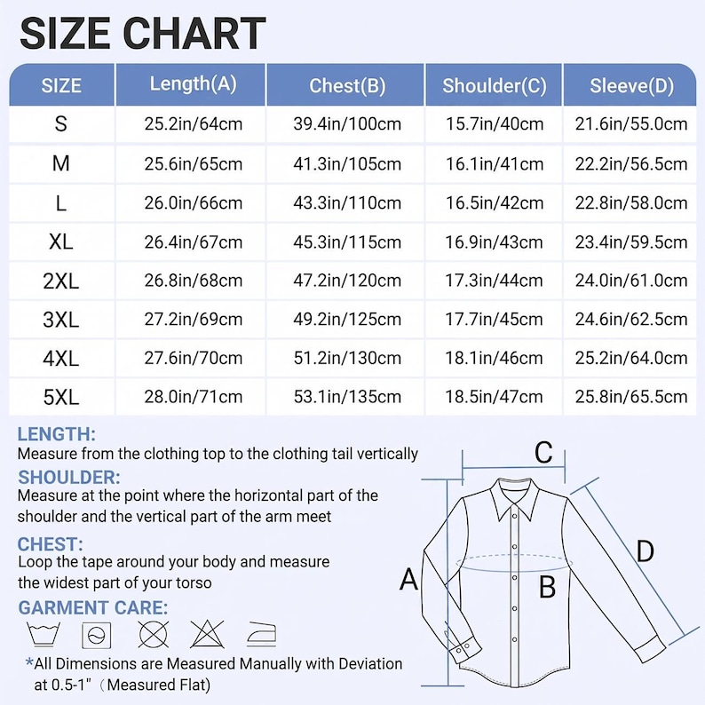 May include: A size chart for clothing featuring a table with rows from S to 5XL and columns for Length, Chest, Shoulder, and Sleeve measurements in inches and centimeters. Includes a diagram of a button-down shirt with labels A, B, C, and D.