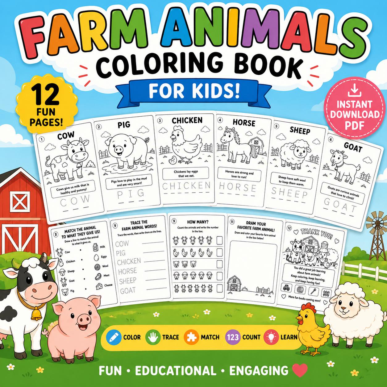 Farm Animals Coloring Book for Kids | Printable Activity Book ...
