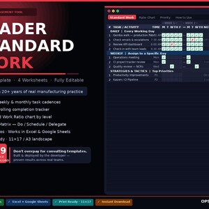 Può includere: Un prodotto digitale intitolato "LEADER STANDARD WORK" con un modello Excel, 4 fogli di lavoro e funzionalità completamente modificabili. Il design include uno sfondo scuro con testo bianco e rosso e un grafico dettagliato di gestione delle attività. Il prodotto è pronto per la stampa in formato A3 (29,7 x 42 cm).