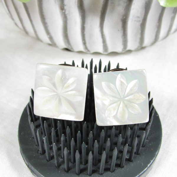 Vintage Carved MOP Square Flower Swivel Back Cufflinks