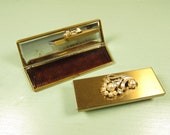 Compact Brush Comb Mirror - Vintage Gold Tone Pearl Rhinestone