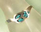 Sterling Silver Scarab Bracelet - Vintage Turquoise Chip Inlay Egyptian Revival Mexico