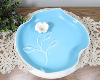 Vintage Aqua Blue Rose Candle Stick Floater Bowl