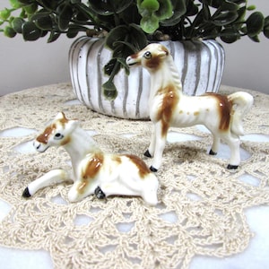 Vintage Brown White Bone China Miniature Horse Figurines Set of Two