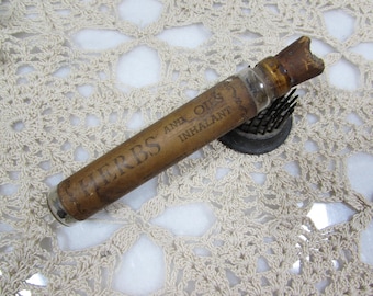 Vintage Glass Inhalant Vial with Cork Herbs and Oils Label Apothecary Curio Display