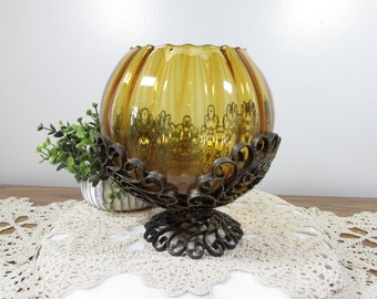 Vintage Amber Italy Empoli Glass Bowl Wrought Iron Spain Scroll Pedestal