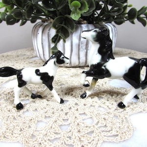 Vintage Black White Bone China Miniature Horse Figurines Set of Two