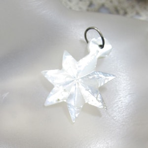 May include: A white, star-shaped pendant with a silver-colored ring. The pendant has a textured surface and a six-pointed design. The background is a soft, blurred white.