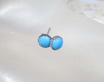 Sterling Silver Turquoise Stud Earrings – 5mm Round Stones in Sawtooth Bezel, Pierced Post Back