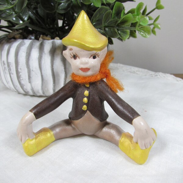 Vintage Pixie Elf Figurine Brown Yellow Sitting