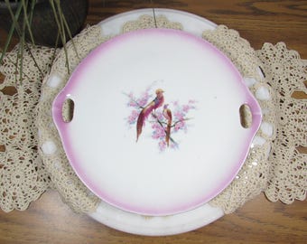 Vintage Czechoslovakia Pink Painted Bird Ceramic Plate Hand-Painted 8-7/8"
