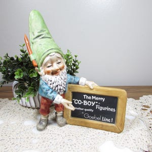 1971 Goebel Co-Boy Gnome Figurine – Advertising Sign, Green Hat, 7.5” Tall, W. Germany