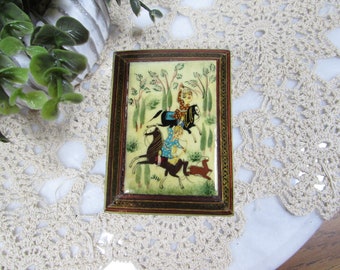 Vintage Persian Wood Trinket Box Hunting Scene Lacquered