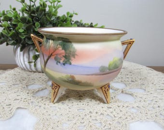 Vintage Hand Painted Nippon Three-Footed Urn Scenic Pastel Porcelain Vase