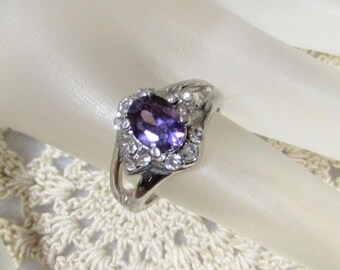 Vintage Amethyst Rhinestone Ring – Size 6.25 Silvertone Oval Center with Crystal Halo, 1960s Cocktail Jewelry