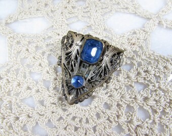 Vintage Art Deco Filigree Blue Rhinestone Dress Clip Silver Over Brass