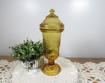 Vintage LG Wright Amber Wildflower Pressed Glass Tall Candy Dish