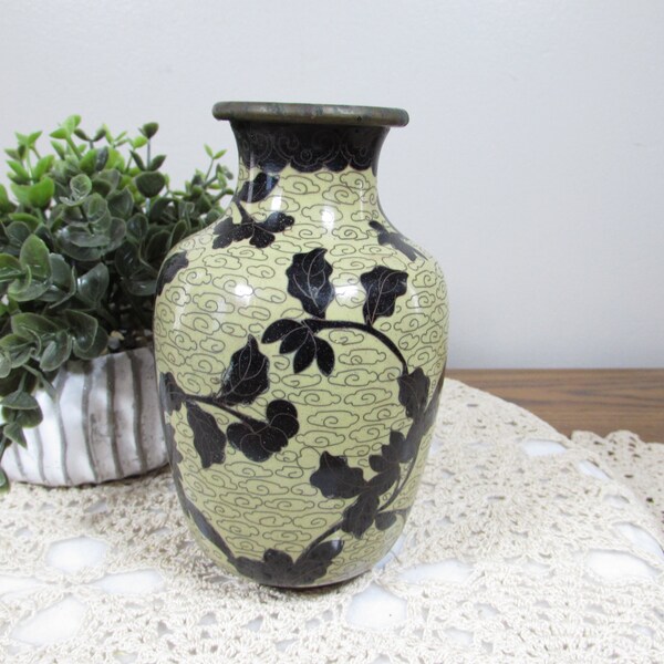 Vintage Chinese Cloisonne Black Flower Cloud Field Vase