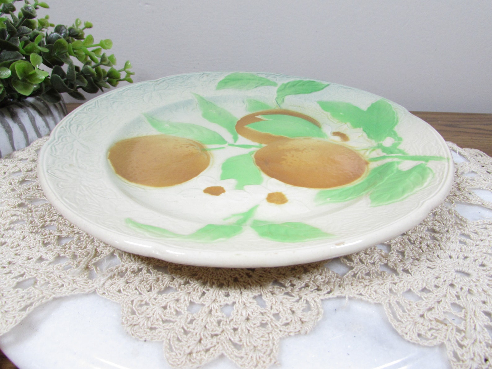 Vintage Italian Majolica Roseville Plate | Green Grapevine Relief