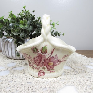Vintage Royal Crownford Charlotte Cream Ceramic Basket, Red Transferware, 4&quot; Tall