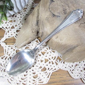 May include: A silver-toned metal spoon featuring an elongated handle with a pointed tip and a decorative engraved pattern near the top. The spoon has a smooth, polished oval bowl and a slender, tapered stem that connects to the handle.