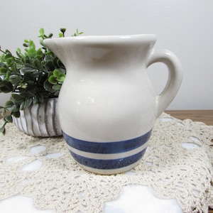 Vintage RRP Co. Blue Stripe Stoneware Cream Pitcher 4.625 Inch Roseville Ohio