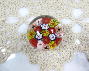 Vintage Millefiori Glass Paperweight 1.75 Inch Clear Sphere Red White Blue Flower Clusters