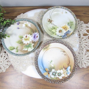 Set of 3 Vintage Nippon Moriage Flower Plates Hand Painted Japan