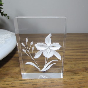 Vintage Carved Lucite Orchid Flower Block Paperweight Clear Mid Century Desk Decor