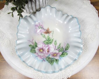 Vintage Hand Painted Wild Rose Ruffled Bowl Dish