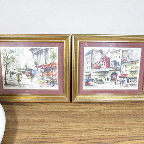 Vintage Paris Watercolor Painting Print Gold Gilt Frames