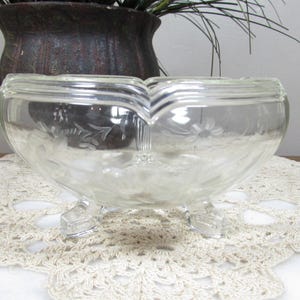 Antique Etched Glass Bowl with Scalloped Rim and Tri-Footed Base, 5&quot;