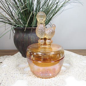 Vintage Jeanette Marigold Carnival Glass Poodle Powder Jar, 6&quot; Tall