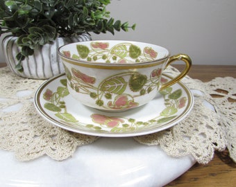 Vintage Haviland Schleiger 106 Green Leaves Pink Flowers Cup and Saucer