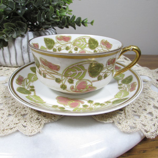 Vintage Haviland Schleiger 106 Green Leaves Pink Flowers Cup and Saucer