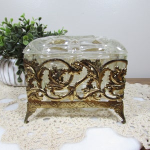 Vintage Hollywood Regency Heavy Glass Footed Trinket Box with Gold Filigree