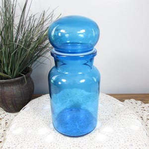 Vintage Belgium Aqua Bubble Lid Apothecary Canister Jar 8.5" Blue Glass