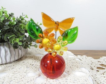 Vintage Lucite Flower Bouquet Butterfly in Orange Ball Paperweight