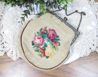 Vintage 24K Gold Plated Embroidered Rose Wreath Needlepoint Purse Petite Point Handbag