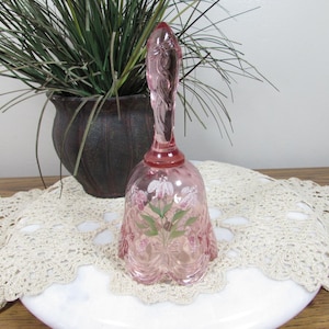 Vintage Fenton Pink Glass Hand Painted Flower Bell, 6-3/4&quot; Tall