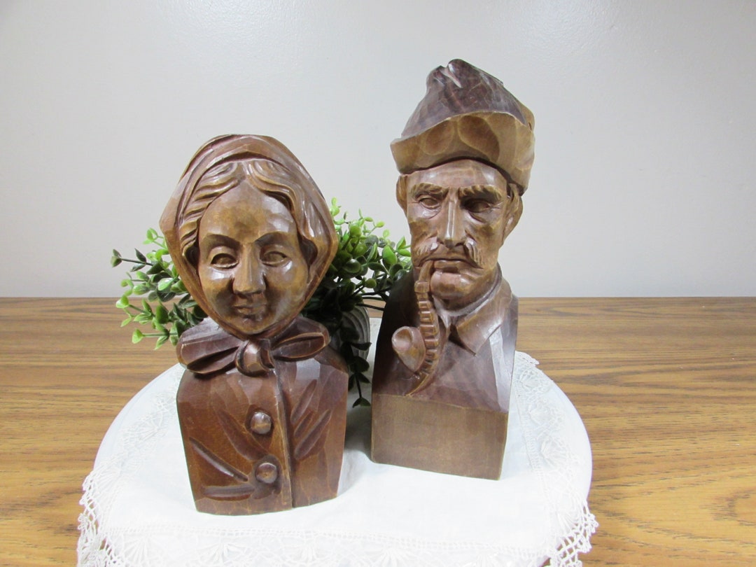 Vintage Pair Black Forest Hand Carved Wooden Man Woman Bust Figures - Etsy