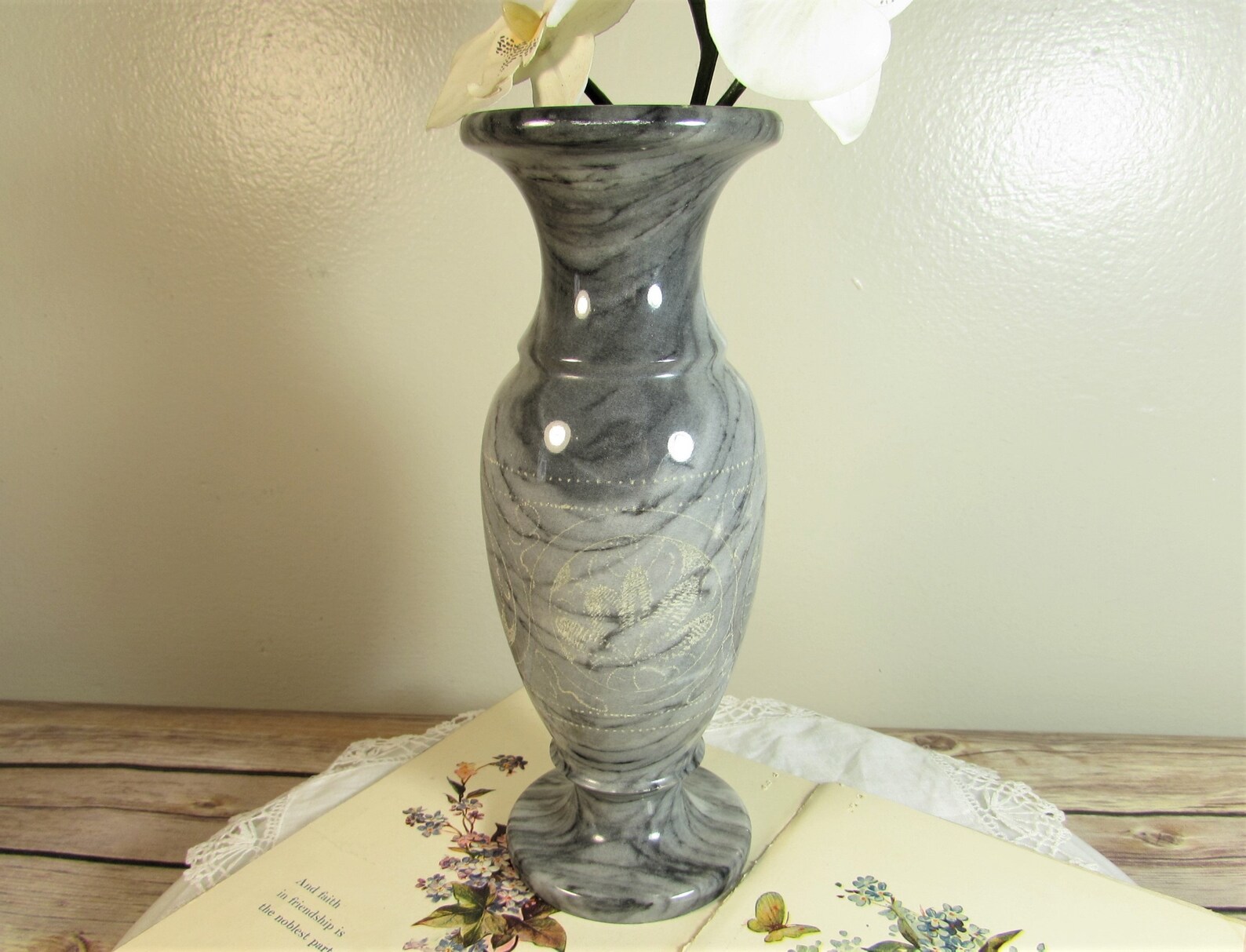 Gray Marble Etched Flower Vase Etsy